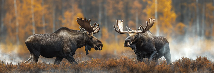 two adult horned male moose elk fight in spring in a field during rutting against forest background