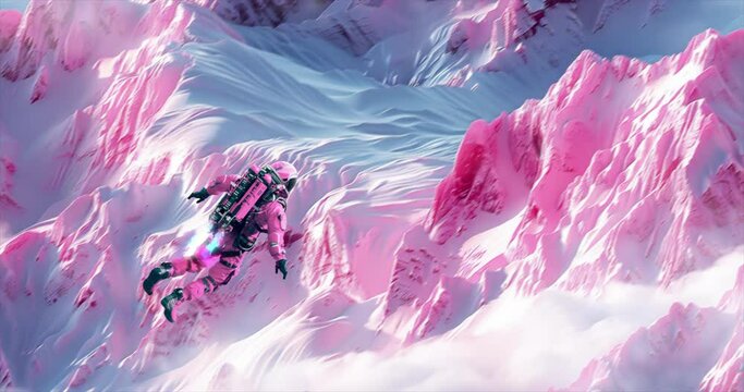 Loop animation collage. Man with jetpack flies in  fantastic mountain space. The perfect relax background for music	