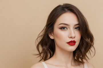 Beautiful and elegant model with red lipstick posing on a bright beige background with copy space. Cosmetic concept.