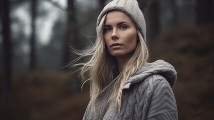 Portrait of beautiful young scandinavian woman with fair hair and warm clothes. Outdoor background with copy space. - obrazy, fototapety, plakaty