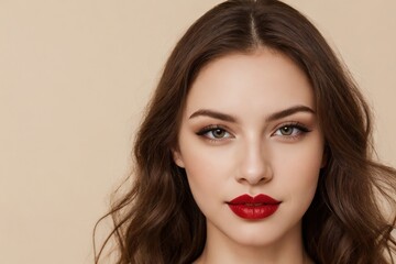 Beautiful and elegant model with red lipstick posing on a bright beige background with copy space. Cosmetic concept.