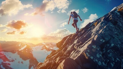 Fototapeta premium Adventurous Hiker Scaling a Mountain at Sunset
