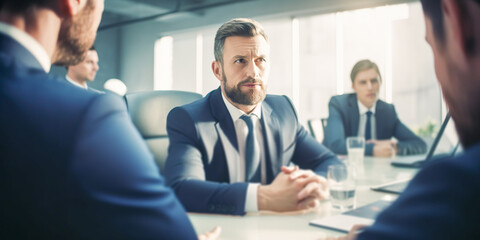 Illustration of business conference in boardroom interior background. Handsome bearded businessman listening to colleagues and looks serious and attentive.