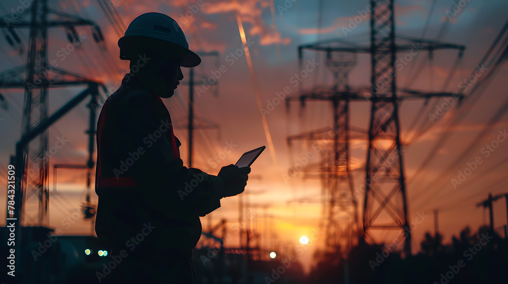 Canvas Prints Silhouette of a male engineer using tablet against a backdrop of industrial power lines at dusk, exuding innovation and control.