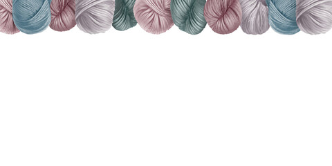 Skeins of yarn in the form of a one-sided border. Isolated on white background with copy space for text. Hand drawn hobby clip art for home decor, shop label. Hand made, craft.