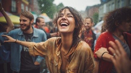 Happy dancing people at festival in the rain on the street.