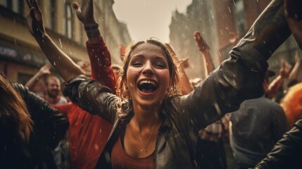 Obraz premium Happy dancing people at festival in the rain on the street.