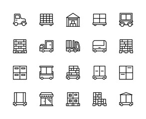 Logistics and cargo transportation vector linear icons set. Logistics icons of tractor, delivery, product, pallets and more.