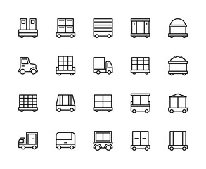 Logistics and cargo transportation vector linear icons set. Logistics icons of cargo, cart, transport, tractor, boxes and more.