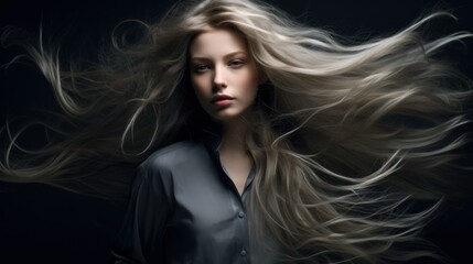 Beautiful young woman with long flying hair.