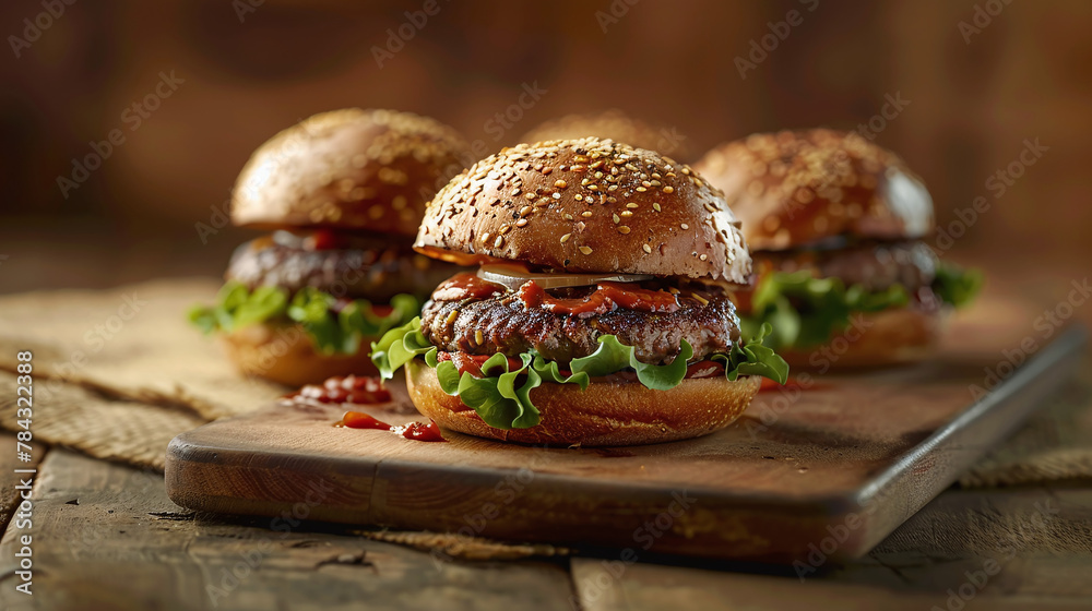 Wall mural Artisanal Delights: Appetizing Product Photography of Gourmet Burgers with Unique Sourdough Buns on Wooden Board Plates - Wall murals