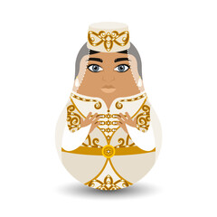 An old Slavic toy on an isolated background. A woman in the wedding national dress of Ossetia. A tilting toy of modern design for your business project