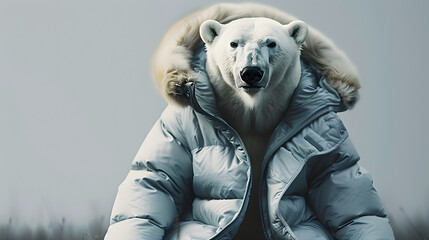 Polar bear in a down jacket - obrazy, fototapety, plakaty