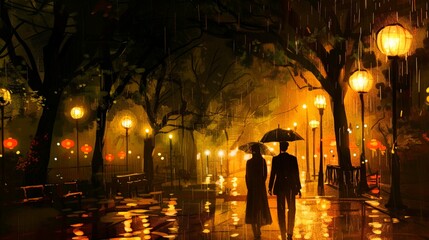 Lovers taking a quiet walk, their path illuminated by golden-hued lanterns, the rain adding a touch of magic to their evening stroll.