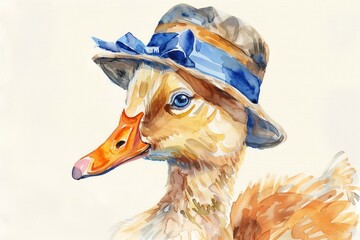watercolor illustration of a goose in a hat and blue ribbon for Mother Goose Day - obrazy, fototapety, plakaty