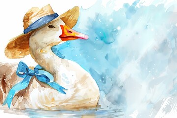watercolor illustration of a goose in a hat and blue ribbon for Mother Goose Day - obrazy, fototapety, plakaty