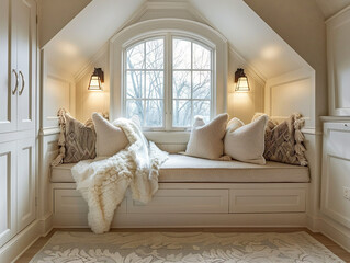A serene reading corner with a built-in window seat, adorned with pillows, overlooking a scenic view.
