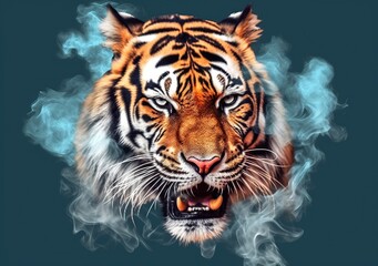 illustration of a tiger's head or tiger's face with colorful smoke effects