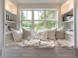 A comfortable reading corner with a cozy built-in window seat, perfect for relaxation and reading.