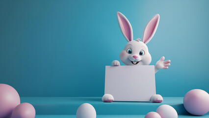 White easter bunny holding a blank sign. Easter announcement, moc kup, copyspace,  3d style. Generative ai. - obrazy, fototapety, plakaty
