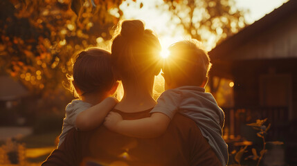 A tender moment as a mother holds two young children, their backs to the camera, against a sunset-lit home backdrop.