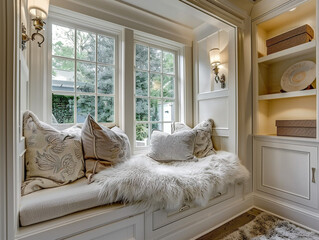 Comfortable reading nook with a built-in window seat, surrounded by fluffy pillows and blankets.