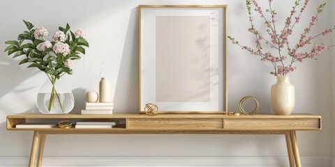 Mock up frame in home interior background, white room with natural wooden furniture, 3d render, 3d...