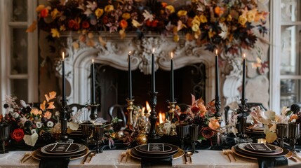 Fototapeta na wymiar Halloween feast setting with fireplace and autumn leaves, ideal for seasonal event design.