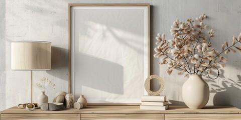 Fototapeta na wymiar Mock up frame in home interior background, white room with natural wooden furniture, 3d render, 3d illustration