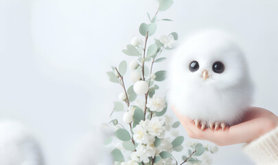 A cute fluffy bird creature 3D illustration on a neutral background, generative ai