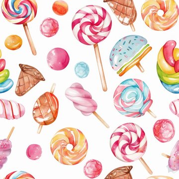 A seamless pattern of watercolor candy and lollipops in a variety of shapes and flavors, arranged in a random layout on a pure white background