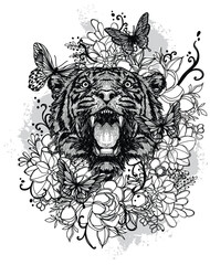 Tattoo art tiger in the bush butterfly flower hand drawing and sketch