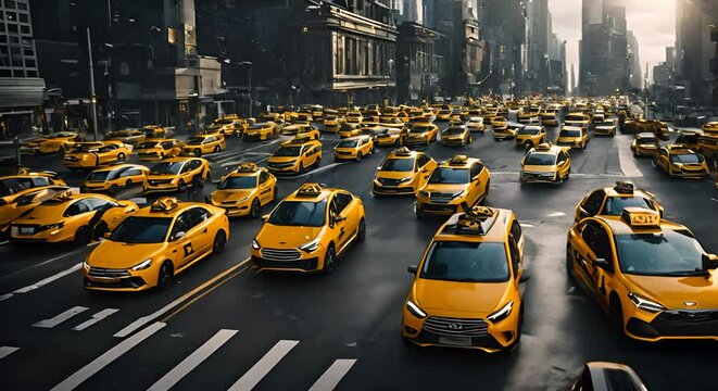 Yellow taxis in a modern city.