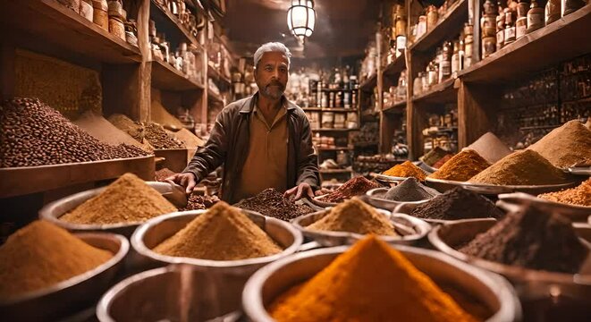 Seller in a spice shop in an Arab bazaar.