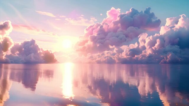 Pink cloudscape over calm ocean at sunset