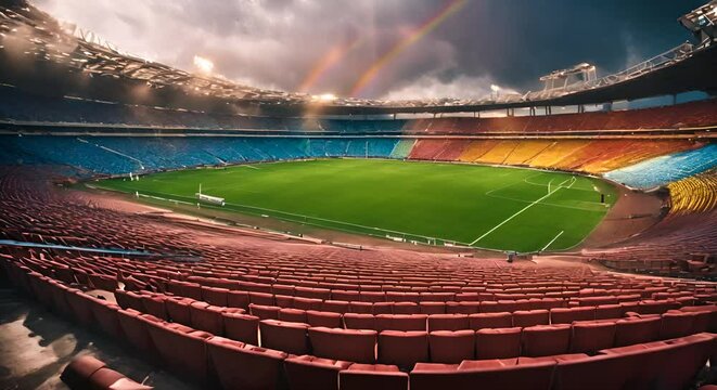 Soccer stadium with a rainbow.