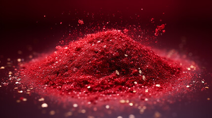 close up of a small pile of red glitter powder with confetti on a red dark background