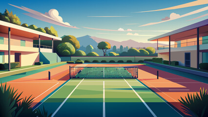 Large tennis court close-up, minimalistic photo of the training ground.Tennis court close-up: minimalism in bright colors.Tennis practice court: digital photography.The bright lines of the tennis