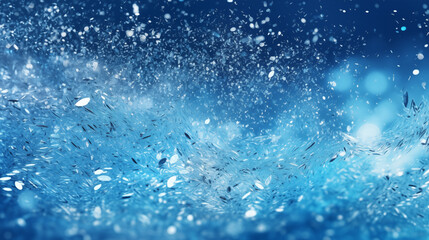 abstract horizontal blue background with flying confetti similar to snowflakes. dynamic blue background with small particles