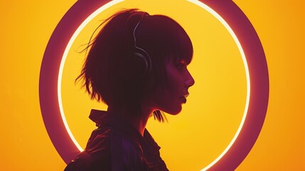 Young woman wearing headphones, listening relax music. Orange neon background.