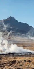 Fototapeta na wymiar Geothermal steam vent, close up, hissing, volcanic mountain backdrop