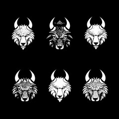 Fototapeta premium Set Of Wild Wolf And Dog Furry Muzzle Head Portrait White Sketches