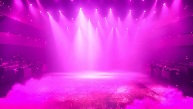 Pink lights illuminate a stage covered in pink glitter