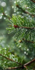 Pine needles, close up, heavy mist, water droplets glistening 