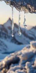 Icicle dripping, close up, with wide alpine panorama in the distance, winter 