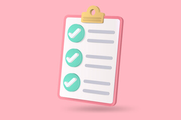 3d minimal paper clipboard task management todo checklist, fast work on project plan, level up concept, fast progress, exam paper checklist icon.on pastel pink background.