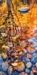 Reflection of autumn trees in stream, close up, vibrant colors, calm water