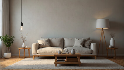 A living room with a couch, coffee table, end tables, lamp, rug, plant, and decorations.

 - obrazy, fototapety, plakaty