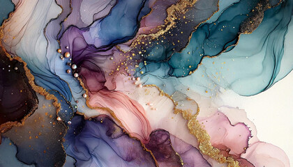 luxurious fluid art colorful gradient deep tones with gold accents and pearl embellishments for background, banner in luxury style.