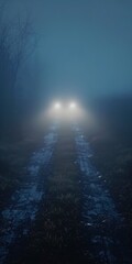 Headlights illuminating foggy path, close up, mysterious journey 